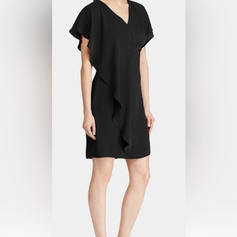 Lauren Ralph Lauren LBD Black V-Neck Ruffle Side Midi Dress Size 6 worn once